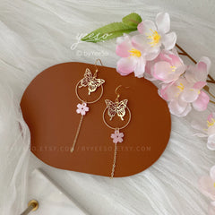 Gold Butterfly Cherry Blossom Earrings, Beautiful 18K Gold Plated Butterfly Long Drop Earrings