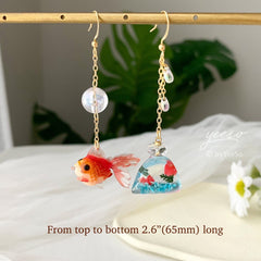 Fish in a Bag Earrings, Goldfish Asymmetry Earrings, Fish Earrings Dangle Unique