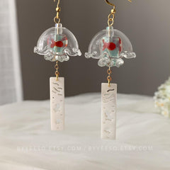 Koi Fish Blossom Wind Chime Earrings Dangle, Japanese Wind Chime, Wind Bell Earrings, Japanese Fish Earrings, Unique Fish Earrings