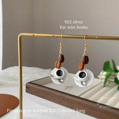 Coffee Cups and Coffee Beans Dangle Earrings - Czech Glass Coffee Bean Drop Earrings - Morning coffee fun earrins -unique dangle