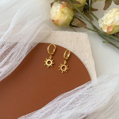 Gold Sun Charm Huggie Hoop Earrings - Sun Dangle Drop Earrings - Gold plated sun earrings