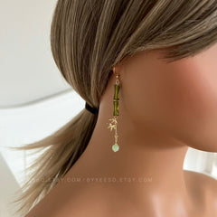 Green Bamboo Drop Dangling Earrings, Bamboo Handmade Earrings, unique dangle