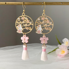 Pink Cherry Blossom Bunny Earrings - Japanese Sakura Tassel Earrings - Pink Cherry Blossom Floral Earrings Dangle