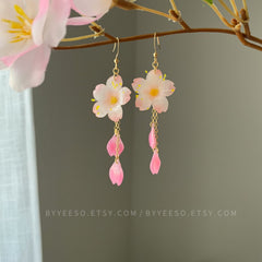 Pink Cherry Blossom Earrings, 3D Cherry Blossom Flower Earrings Dangle, Handmade floral jewelry, Unique Dangle