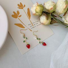 Strawberry Earrings - Strawberry Flower Leaf - Fruit Earrings - Cute - Creative Earrings - Gift - Handmade Earring.