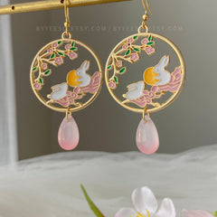 Pink Sakura Cherry Blossom Bunny Moon Earrings - Japanese Sakura rabbit Earrings - Bunny earrings
