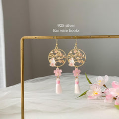 Pink Cherry Blossom Bunny Earrings - Japanese Sakura Tassel Earrings - Pink Cherry Blossom Floral Earrings Dangle