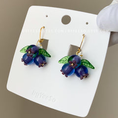 Blueberry Kidney earwire Earrings, Glass Fruit Dangle Earrings, Berry Drop Earrings, Fruit Jewelry Gift For Her