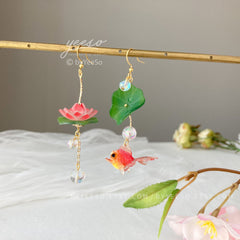 Lotus and Fish Earrings, Lily pad and Lotus flower dangle earrings, water lily Lotus earrings