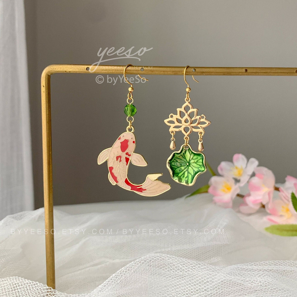 Lotus and Fish Earrings, Lily pad and Lotus flower dangle earrings, water lily Lotus earrings