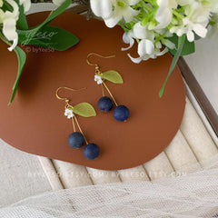 Blueberry Dangle Earrings, Glass Fruit Dangle Earrings, Berry Drop Earrings, Fruit Jewelry Gift For Her