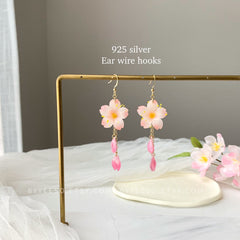 Pink Cherry Blossom Earrings, 3D Cherry Blossom Flower Earrings Dangle, Handmade floral jewelry, Unique Dangle