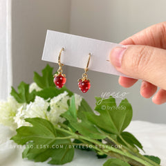 Tiny Strawberry Huggie hoops Earrings - Cute Creative Fruit Earrings - Handmade Earring Gift