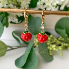 Tiny Strawberry Huggie hoops Earrings - Cute Strawberry Charm Fruit Earrings - Unique Handmade Fruit Earring Gift