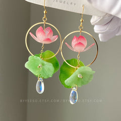 3D Lily pad and Lotus flower dangle earrings - Unique Dangle
