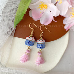 Kitty Cat and Tassel Earrings, Pink Cherry Blossom Tassel Earrings, Kitty Wind Chime Earring dangle