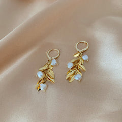 Nature-Inspired Gold Leaf Earrings with Pearls, Delicate Tree Branch Design Jewelry