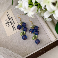 Blueberry Dangle Earrings, Glass Fruit Dangle Earrings, Berry Drop Earrings, Fruit Jewelry Gift For Her