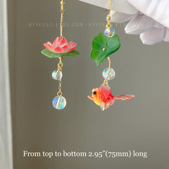 Lotus and Fish Earrings, Lily pad and Lotus flower dangle earrings, water lily Lotus earrings