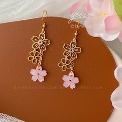 Pink Sakura Cherry Blossom Earrings - Cute Japanese Sakura Flower Drop Earrings