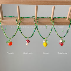 Fruit Bracelet, Strawberry Bracelet, Lemon Bracelet, Fruit Jewelry, Orange, Cherry, Grape, Mushroom, Lily of the valley, Fun Bracelet Gift