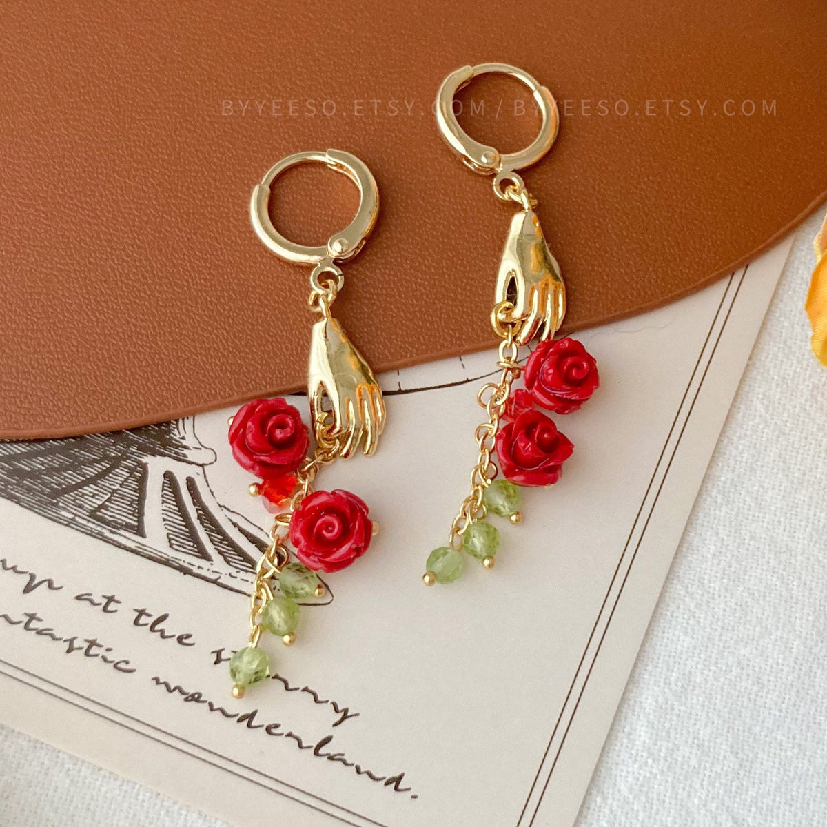 Handpicked Rose Huggie Earrings - The hand and red rose flower huggie hoops - Hand-Shaped Pendant Earrings - valentine’s day gift for her