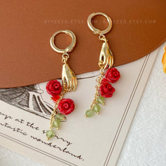 Handpicked Rose Huggie Earrings - The hand and red rose flower huggie hoops - Hand-Shaped Pendant Earrings - valentine’s day gift for her