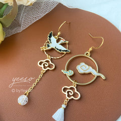 Crane Earrings with White Clouds and Waves - Sun and Cloud Japanese Asymmetrical Asymmetrical unique earrings Dangle - Oriental earrings