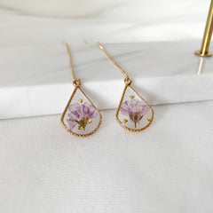 Teardrop Real Pressed Flower Earrings -  14k Gold Threader Earrings - Resin flower dangle earrings