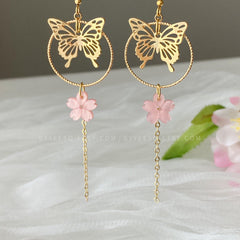 Gold Butterfly Cherry Blossom Earrings, Beautiful 18K Gold Plated Butterfly Long Drop Earrings