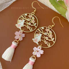Pink Cherry Blossom Bunny Earrings - Japanese Sakura Tassel Earrings - Pink Cherry Blossom Floral Earrings Dangle