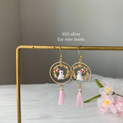 Bunny and Pink Tassel Earrings, Pink Sakura Cherry Blossom Earrings, Japanese Sakura bunny Earrings, Cherry Blossom rabbit Earrings