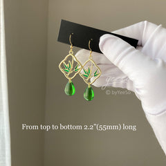 Bamboo teardrop dangle earrings, emerald green glass teardrop earrings, unique dangle
