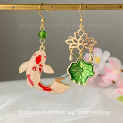 Lotus and Fish Earrings, Lily pad and Lotus flower dangle earrings, water lily Lotus earrings