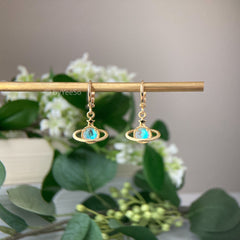 Planet and Star Huggie Hoop Earrings - Gold Saturn Planet Huggie Hoops