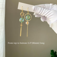 Green Glass Ball Planet Earrings Dangle, Gold Planet Asymmetry Earrings, Star and Moon dangle, Universe Saturn drop earrings