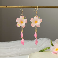 Pink Cherry Blossom Earrings, 3D Cherry Blossom Flower Earrings Dangle, Handmade floral jewelry, Unique Dangle