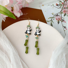 Bamboo and Panda Earrings, Japanese Fan Earrings, Bamboo Fan Earring, Unique Oriental Earrings