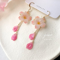 Pink Cherry Blossom Earrings, 3D Cherry Blossom Flower Earrings Dangle, Handmade floral jewelry, Unique Dangle
