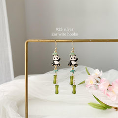 Bamboo and Panda Earrings, Japanese Fan Earrings, Bamboo Fan Earring, Unique Oriental Earrings