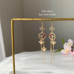 Cloud and Fan Long Drop Earrings, Japanese Fan unique earrings dangle, Cloud and Wave Earrings, Red Agate Oriental earrings