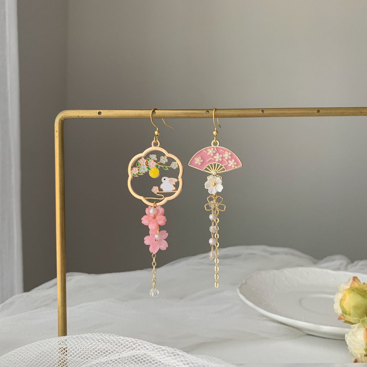 Pink Sakura Cherry Blossom Earrings - Japanese Sakura bunny Earrings - Cherry Blossom rabbit Earrings