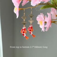 Koi Fish Dangle Earrings, Goldfish Earrings, Fish and Fan Dangle Earrings, Japanese Fan and fish Earrings