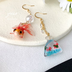 Fish in a Bag Earrings, Goldfish Asymmetry Earrings, Fish Earrings Dangle Unique