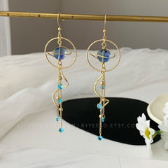 Planet Earrings Dangle - Universe statement earrings - Galaxy Long Drop Earrings - Unique dangle