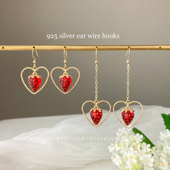 Strawberry Heart Drop Earrings -  Handmade Cute Strawberry Fruit Earrings - Unique Earrings gift for her