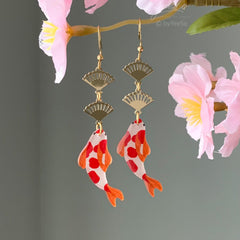 Koi Fish Dangle Earrings, Goldfish Earrings, Fish and Fan Dangle Earrings, Japanese Fan and fish Earrings