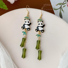Bamboo and Panda Earrings, Japanese Fan Earrings, Bamboo Fan Earring, Unique Oriental Earrings