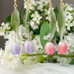 3D Tulip flower dangle earrings, Handmade shrink plastic tulip drop earrings, Pink Orange White purple tulips, Unique gift for her