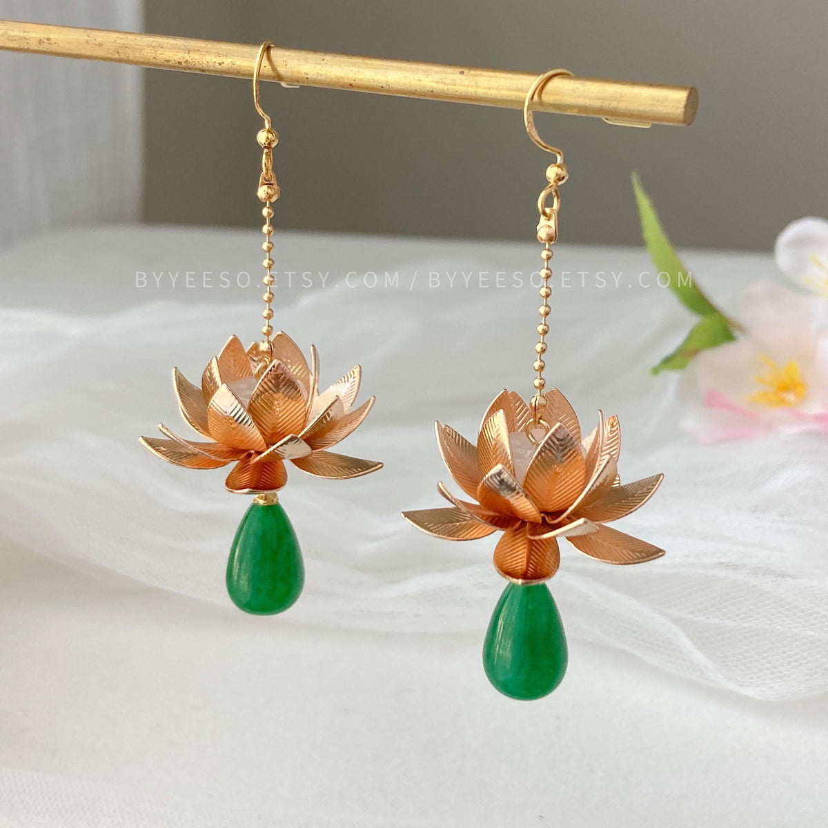 Lotus Earrings Flower Earrings - floral Dangle Drop Earrings - 3D flower - teardrop jade charm